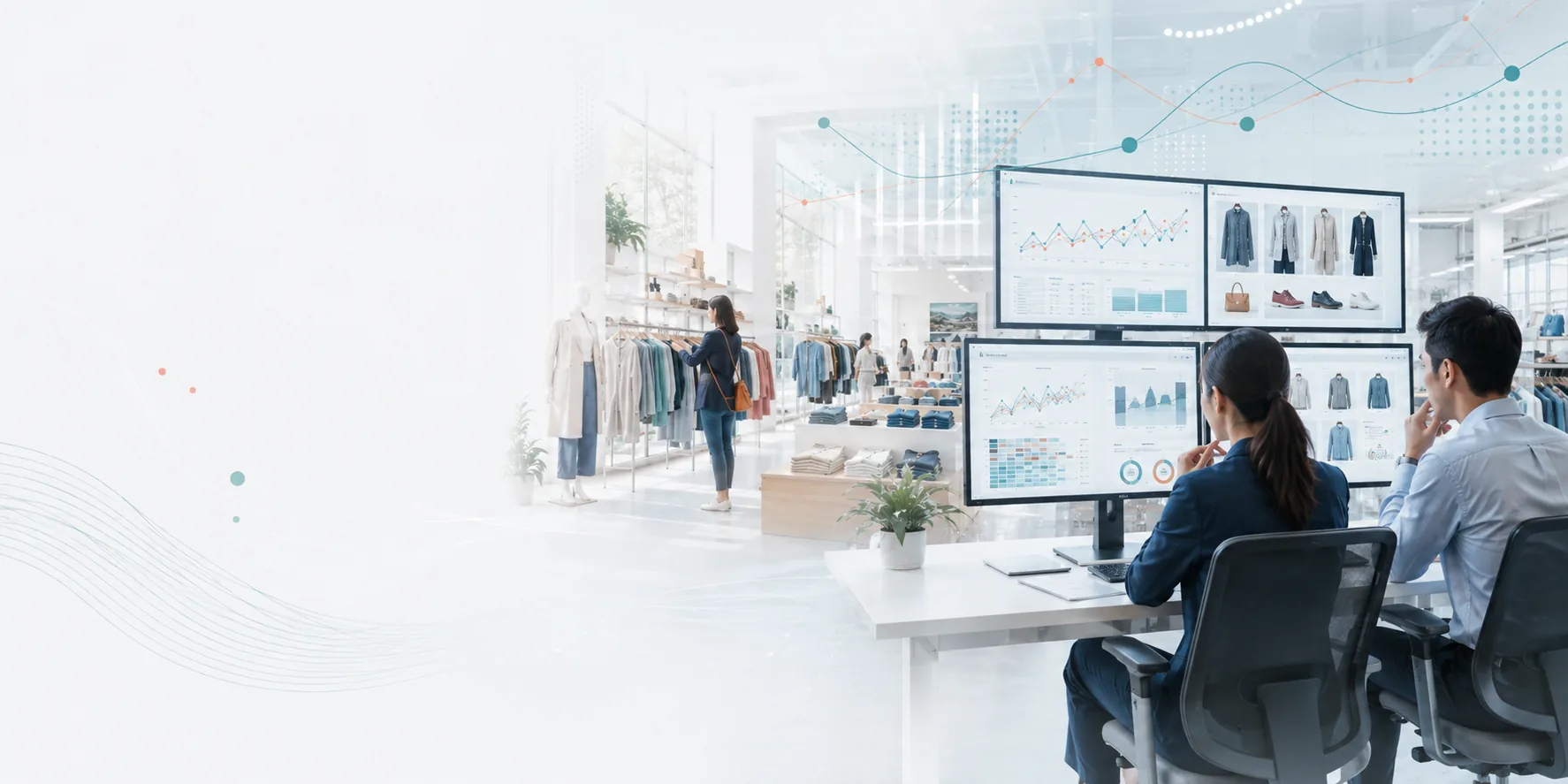 Retail AI insights: analysts reviewing merchandising and performance data across store, planning and distribution operations
