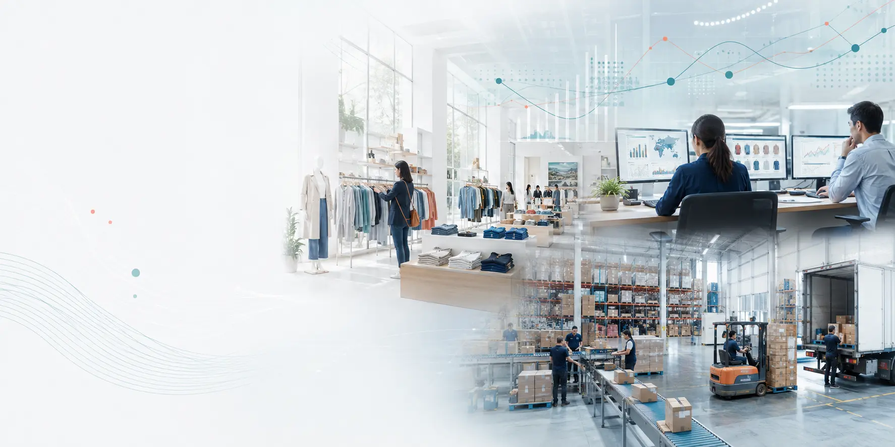 Retail store, analytics team and distribution centre connected by a shared decision platform